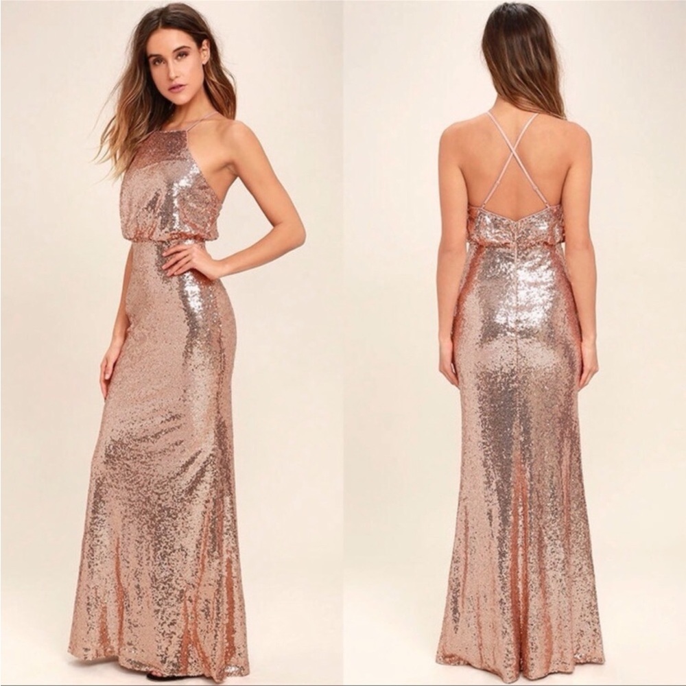 Lulus Rose Gold Sequin Maxi Dress XS Halter Backless